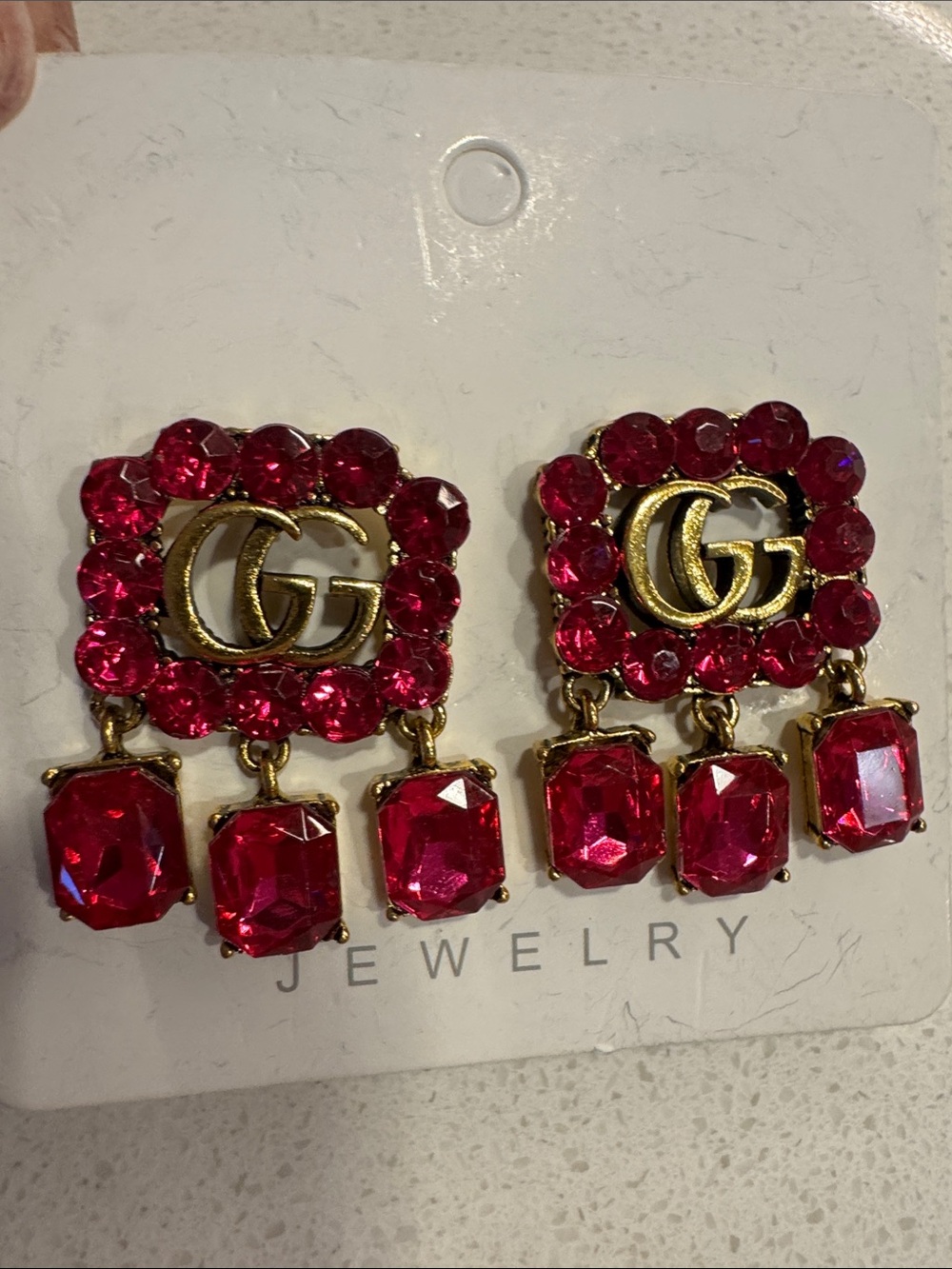 Gold tone & Fuchsia Crystal Drop Earrings